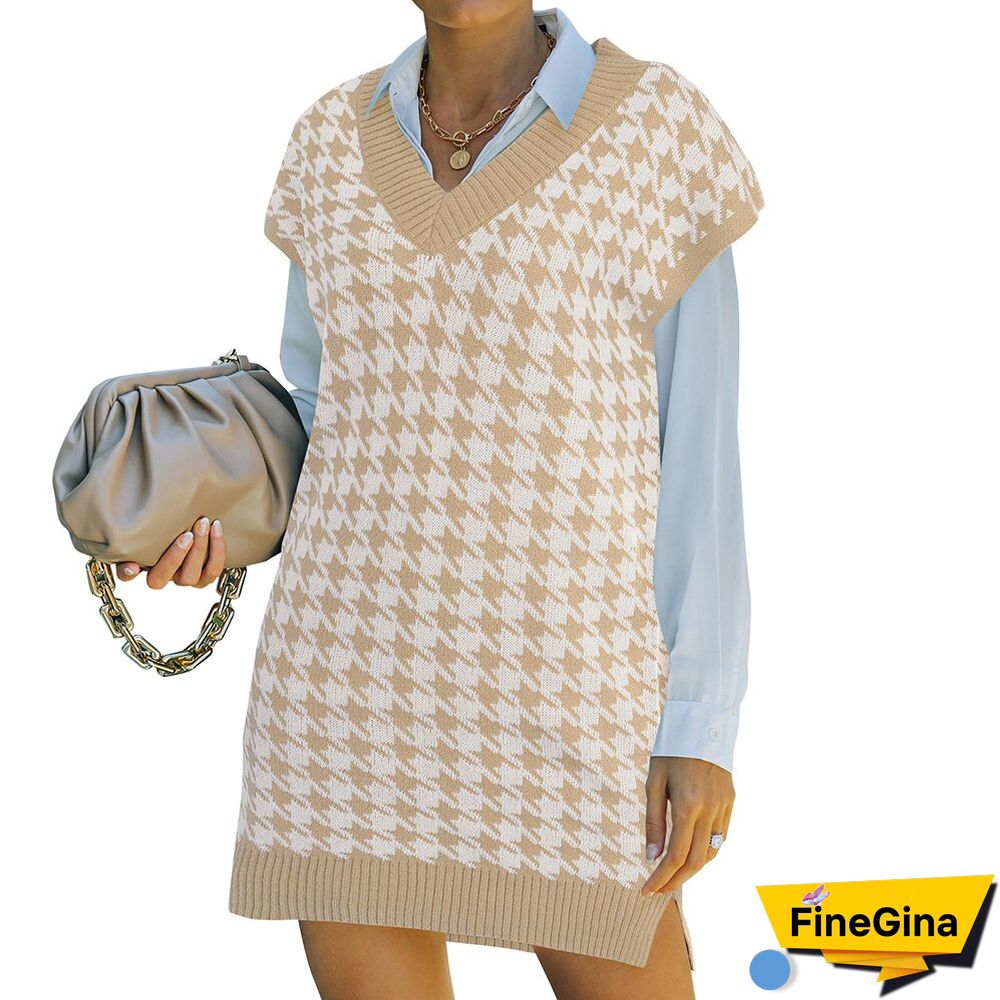 Women Houndstooth Sweater Vest Vintage V Neck Sleeveless Pullover Loose Chic Knitwear Plaid Spring Autumn Office Ladies Tank Top