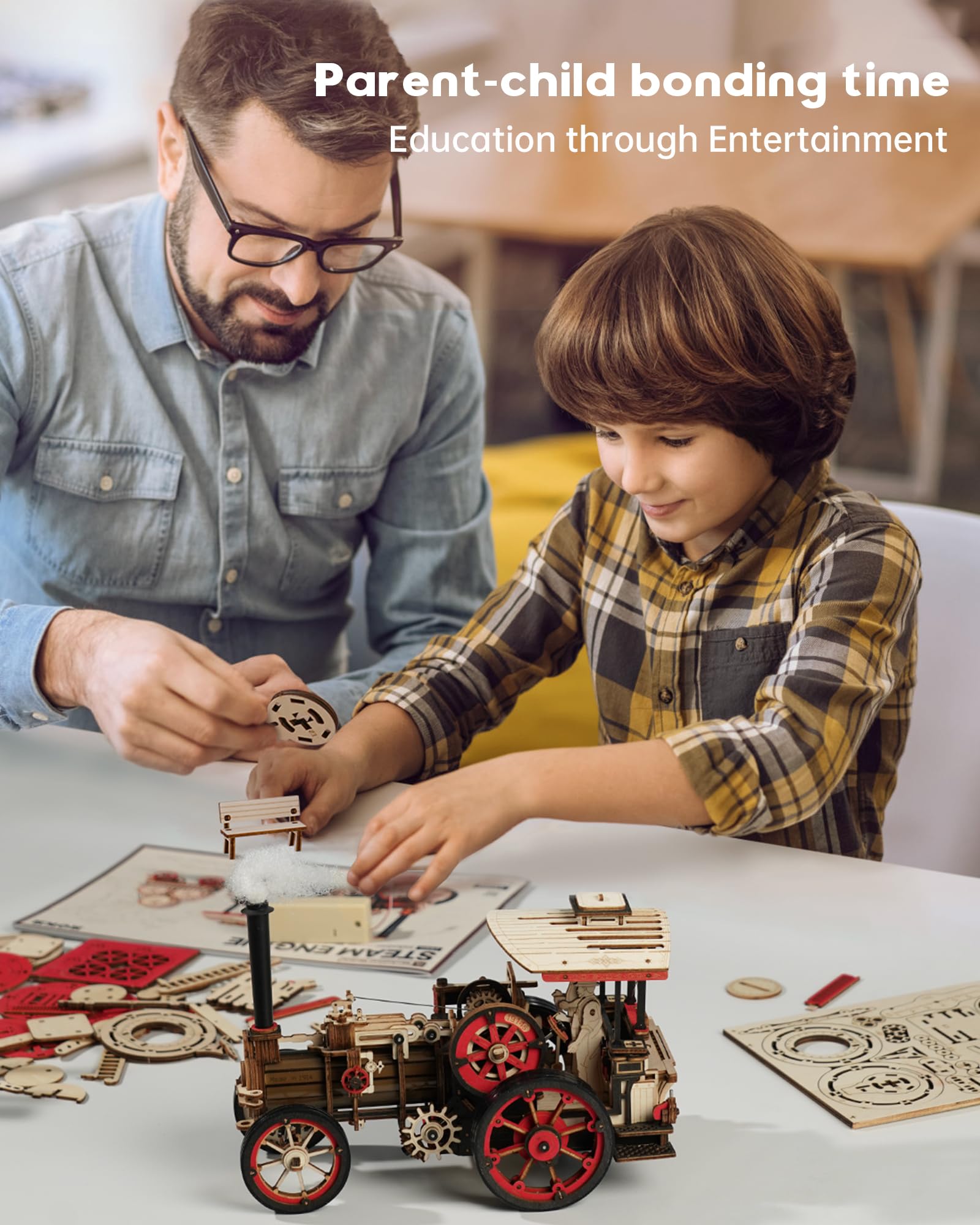 Tegooe 469PCS 3D Wooden Puzzle Mechanical Steam Engine Tractor Model Kit