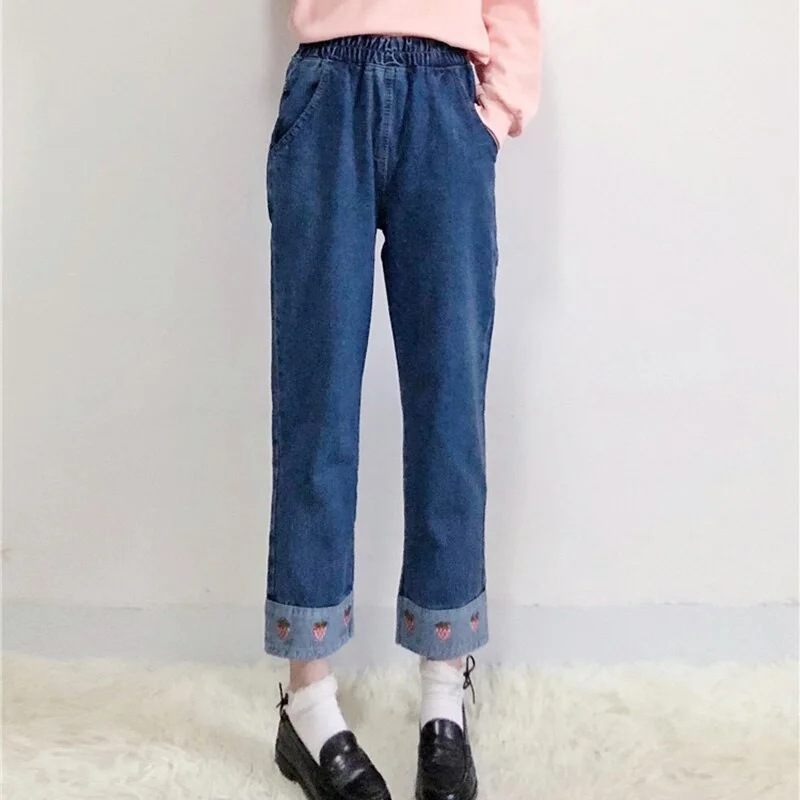 Jeans Women Strawberry Embroidery Kawaii Pockets Ankle-length Elastic Waist Girls Denim Simple All-match Korean Style Student