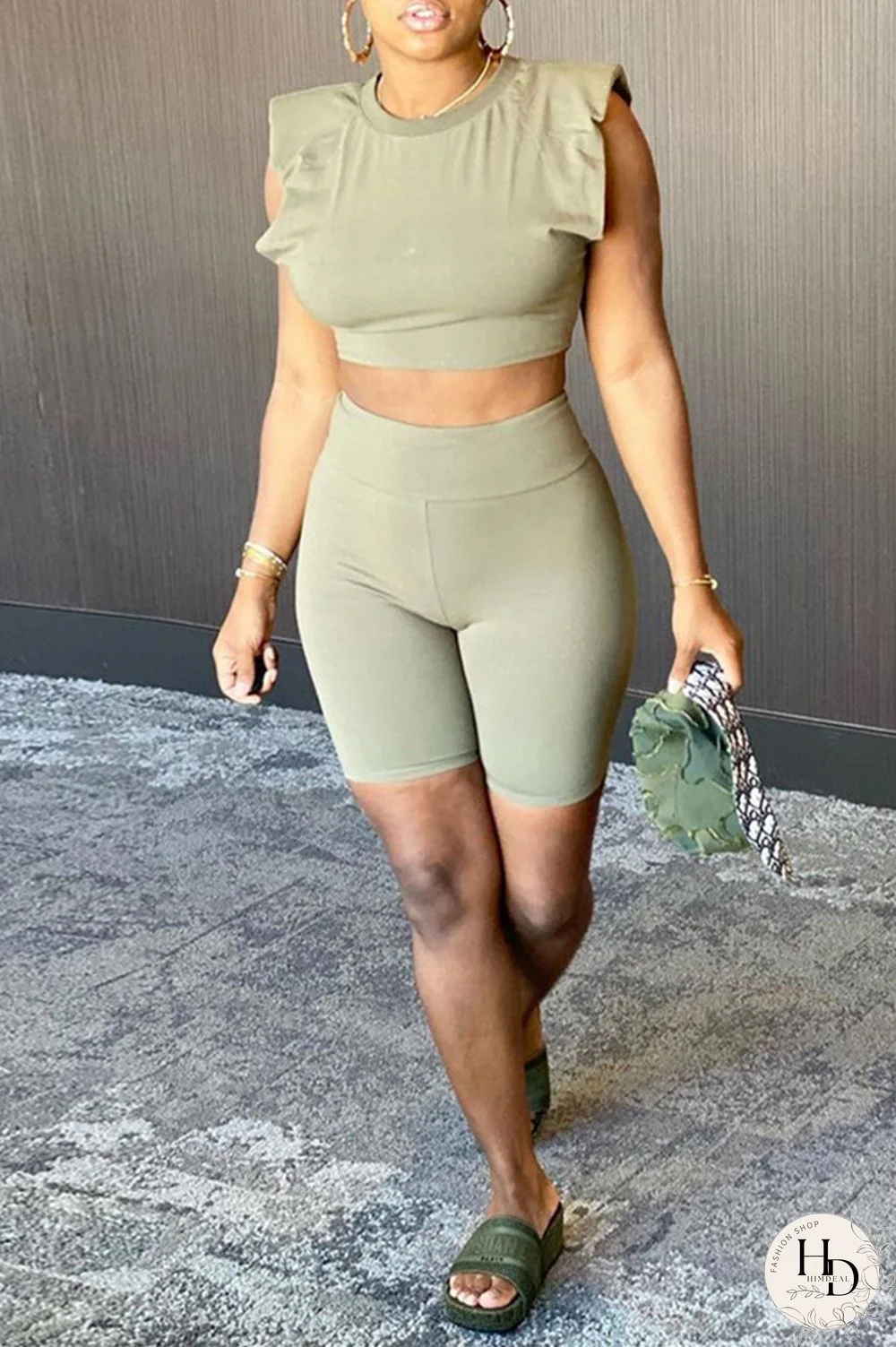 Army Green Fashion Casual Solid Basic O Neck Sleeveless Two Pieces