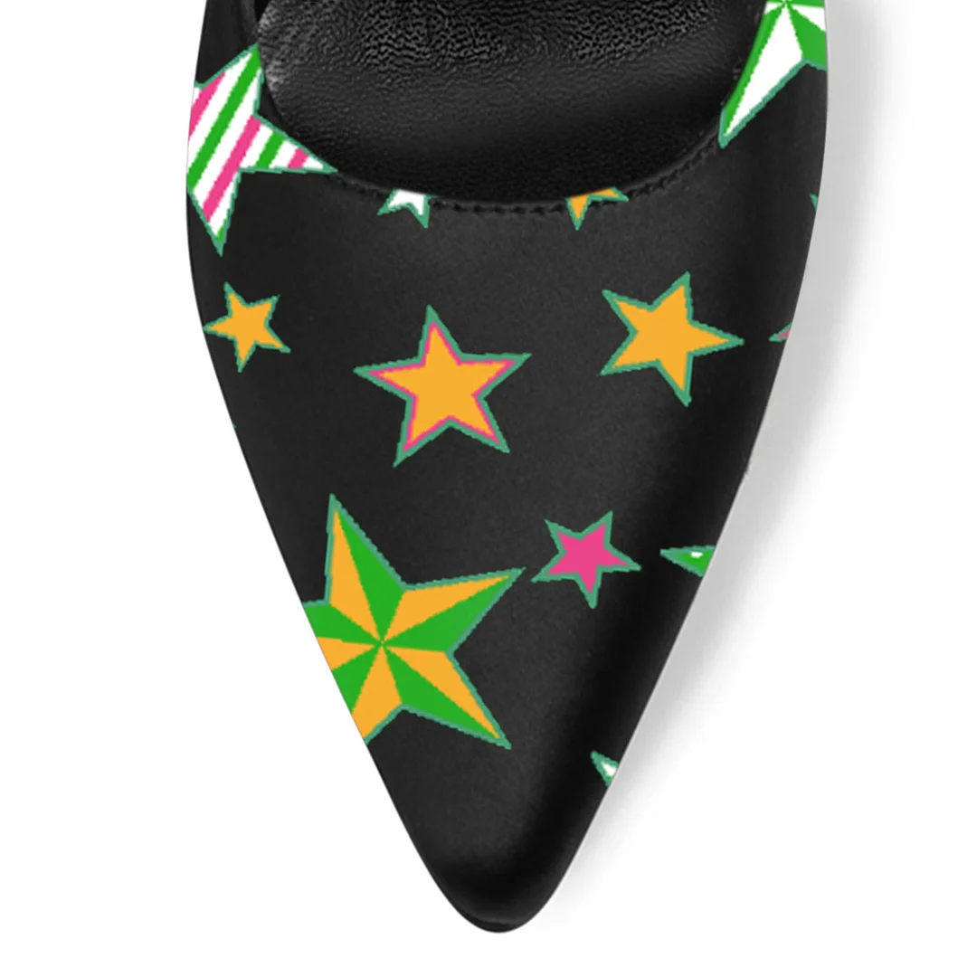 Pearl Bow Pointed Toe Flared Heel Black Pumps with Multicolor Stars