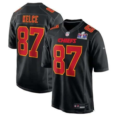 Men's Kansas City Chiefs #87 Travis Kelce  Black Super Bowl LVIII Carbon Fashion Game Player Jersey