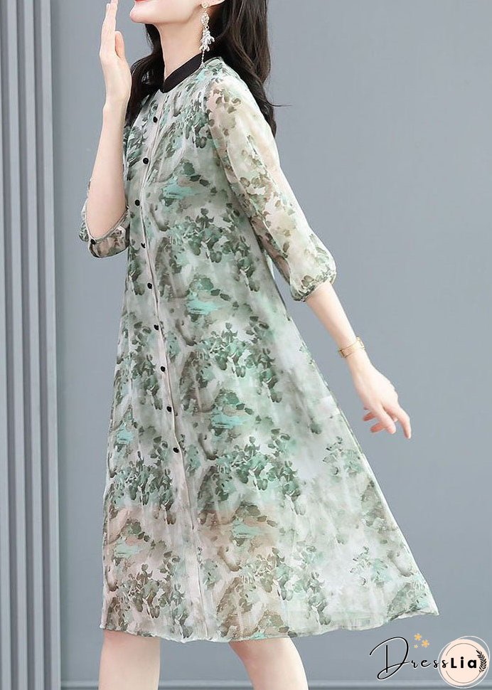 Vintage Grey Stand Collar Patchwork Print Silk Shirts Dress Spring