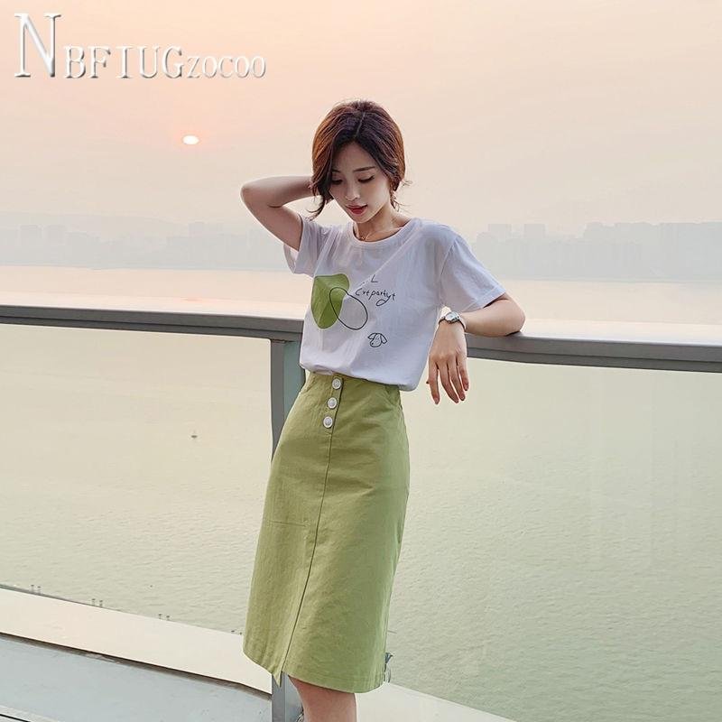 2020 New 93% Cotton Fashion Women Sets Refreshing T Shirt And Solid Color Skirt Female Sets