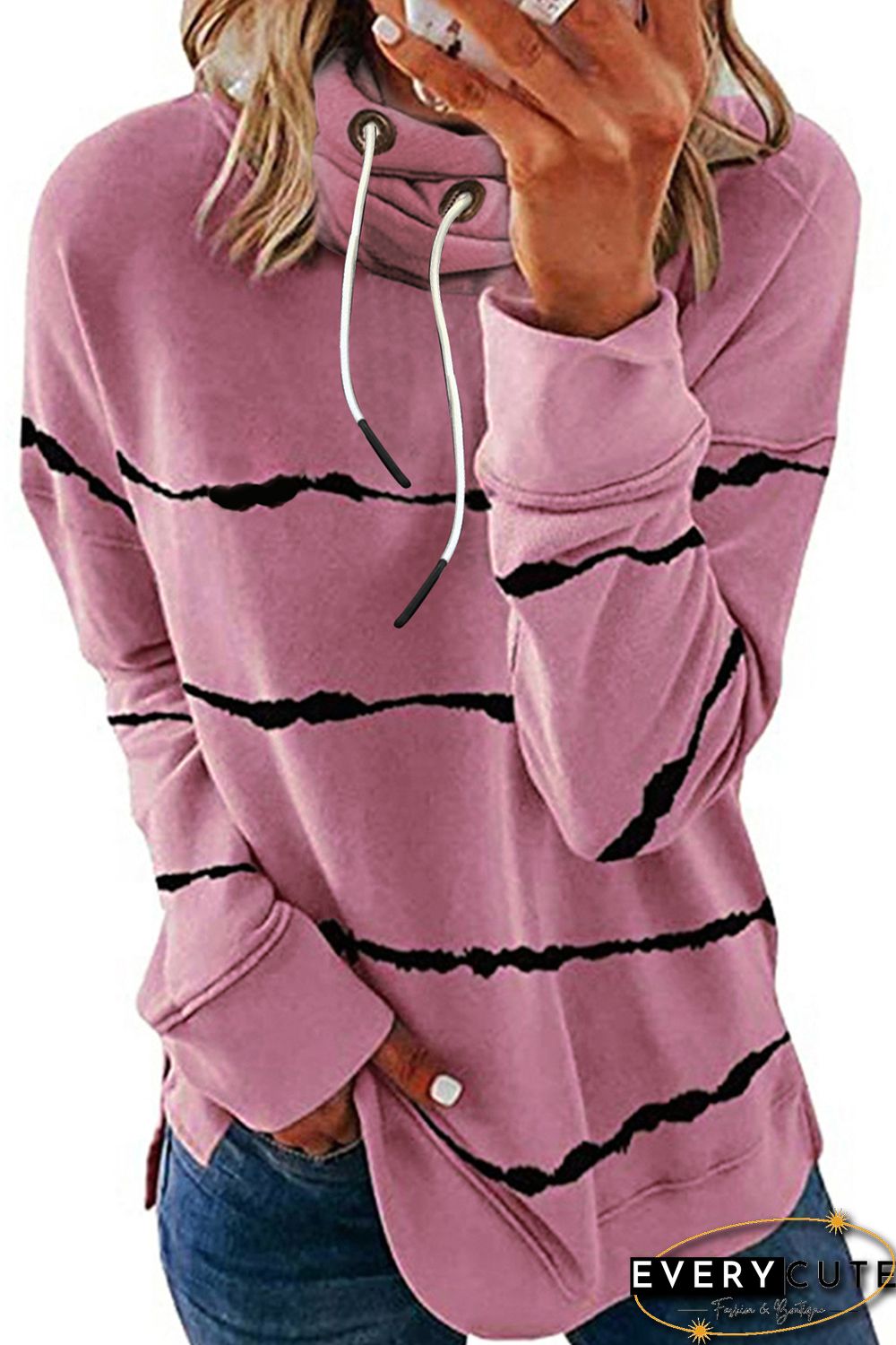 Pink Stripe Tie Dye Cowl Neck Hoodie