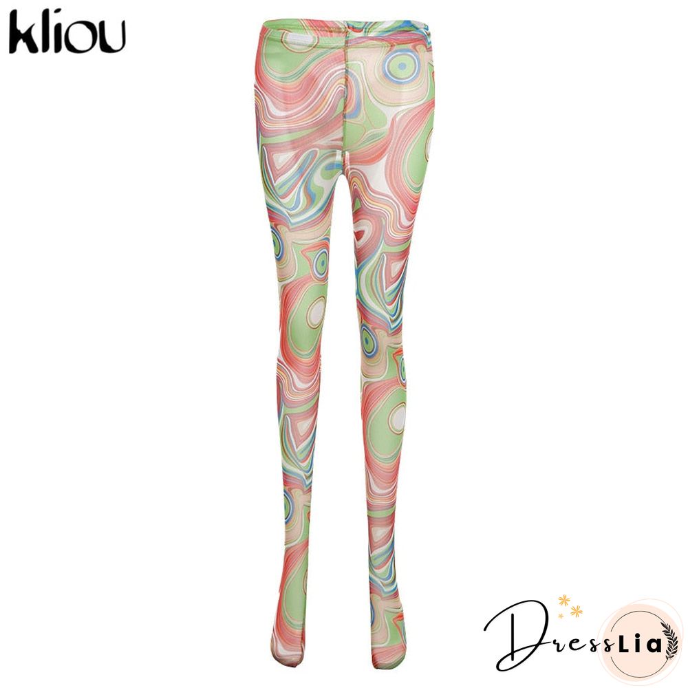 Kliou Mesh Print Foot Pants Women Medium Waist Skinny Body-Shaping Leggings Fashion Sexy High Street Female Trousers Hot