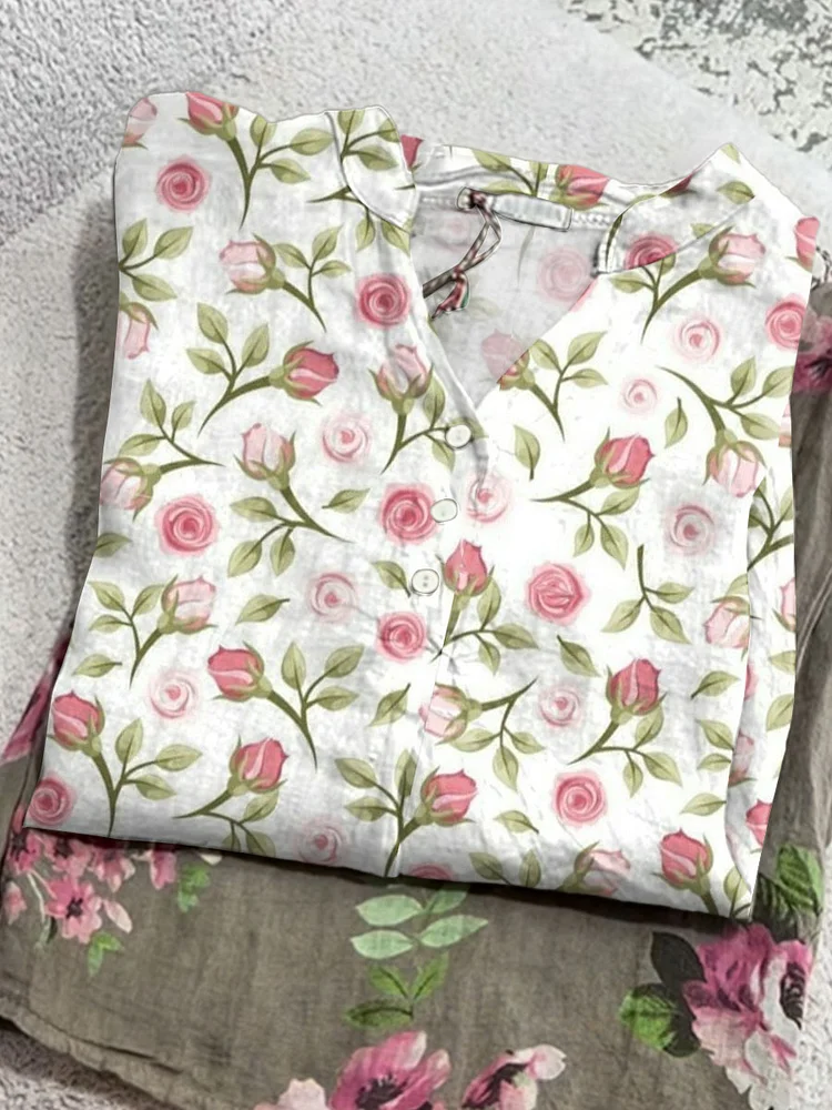 Women's Vintage Flower Art Print Casual Cotton And Linen Shirt