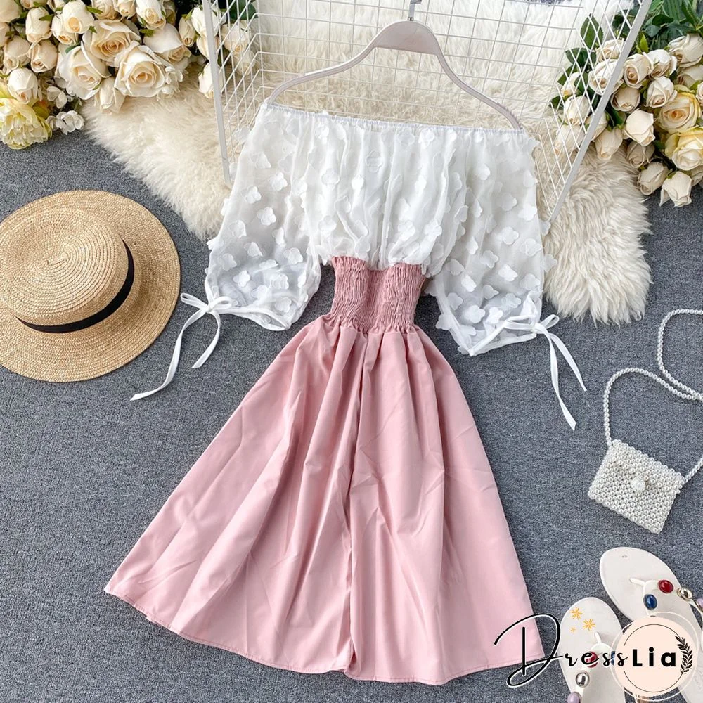 Sexy Off Shoulder Patchwork Summer Short Dress Party Flower Chiffon Slim Waist Lace Up Women Casual A-Line Beach Dress