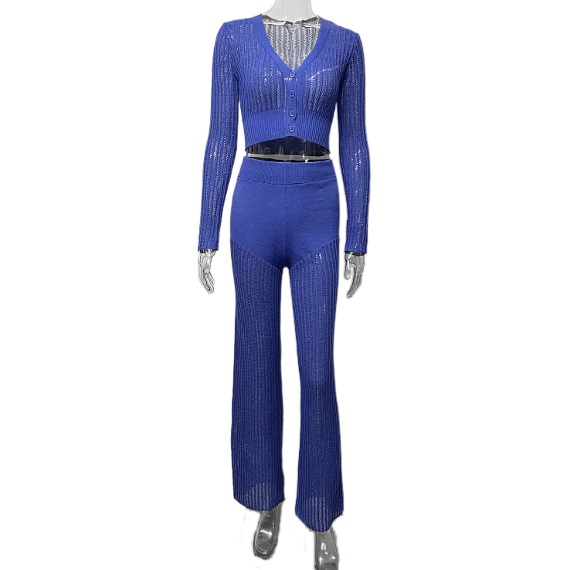 Ootddress Women Casual Knitted Sweater Outfits Buttons See-Through Long Sleeve High Waist Knit Two Piece Fashion Trousers Outfits