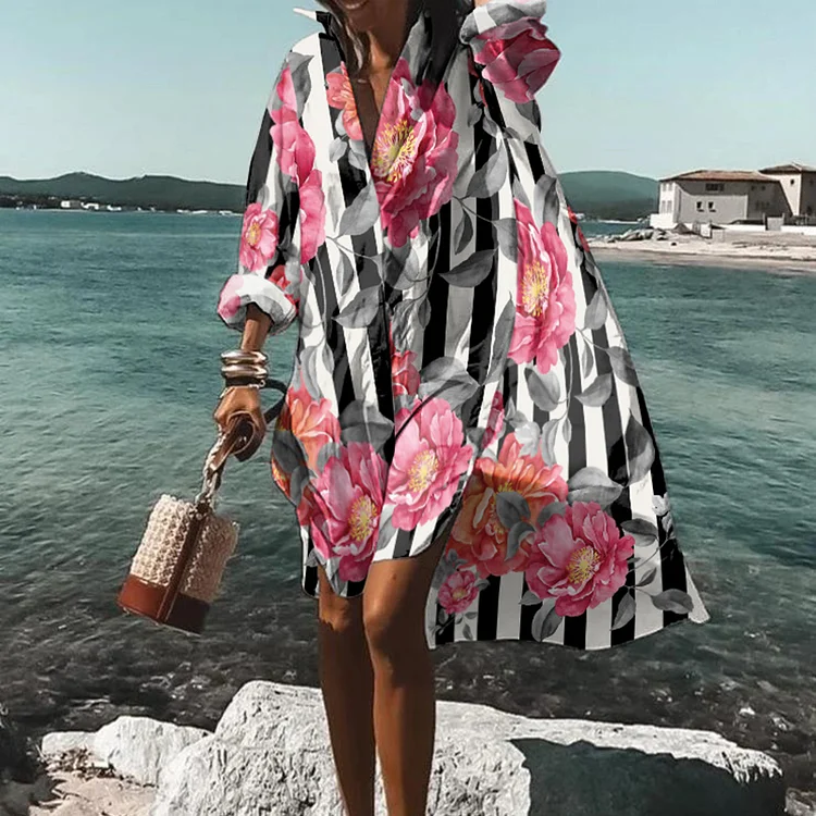 Striped Peony Print Loose Midi Dress