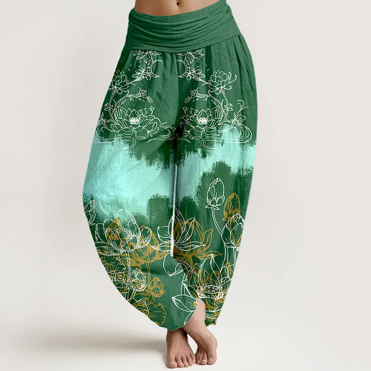 Cotton Colorful Lotus Pattern Women's Elastic Waist Harem Pants