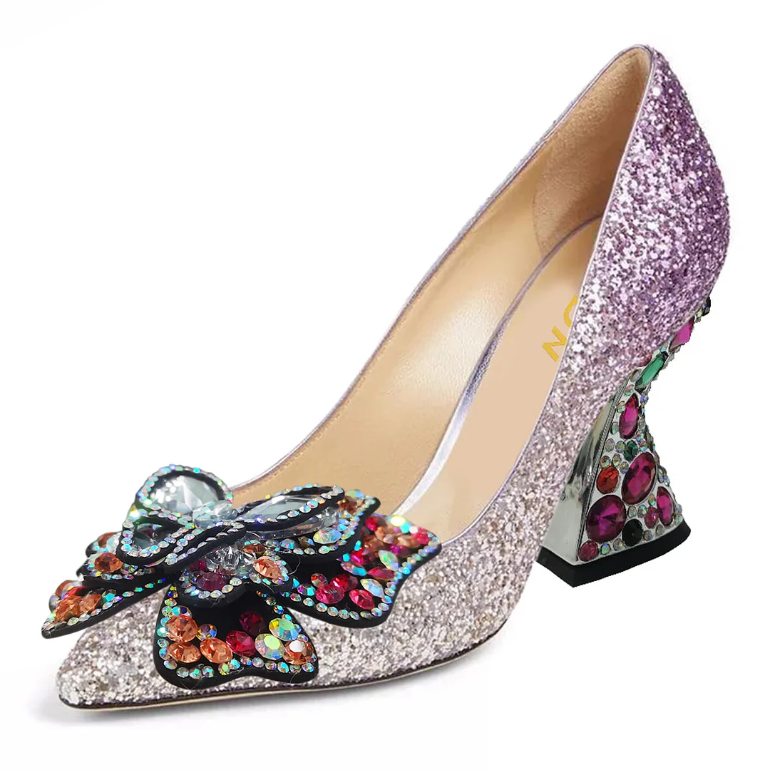 Purple Pointed Rhinestone Embellished Butterfly Sparkling Pumps
