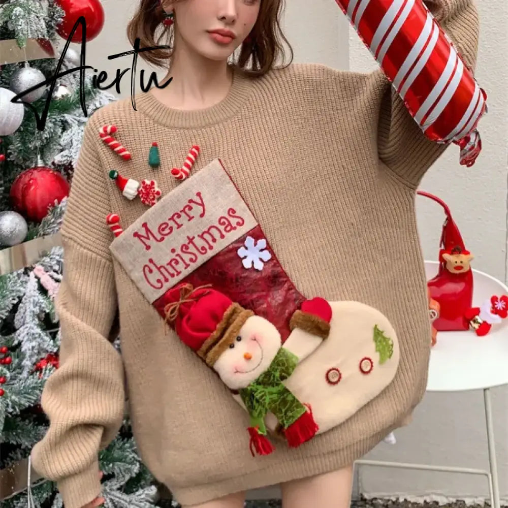 Christmas Red Loose Sweaters Mujer  Autumn New Thicked Warm Knitted Pullovers Y2k Long Sleeve Lazy Tops Women New Year Aiertu