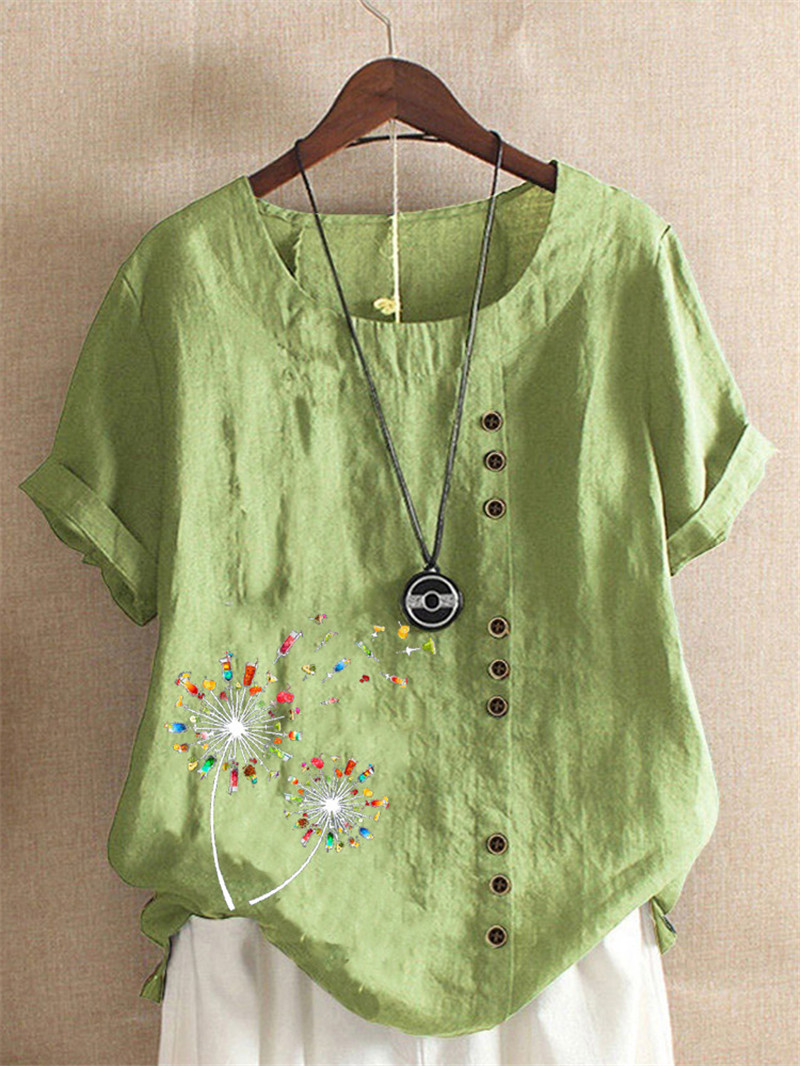 Cotton Linen Short Sleeve Casual Round Neck Button Print Fashion Blouses & Shirts