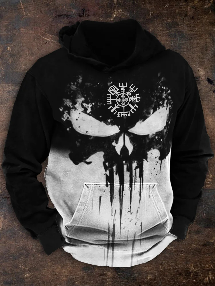 Men's Viking Vegvisir Skull Contrast Print Hoodie