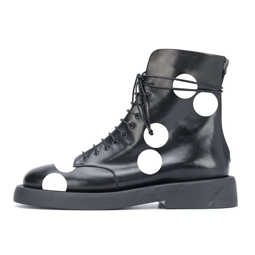 Round Toe Polka Dot Vegan Leather Back-Zip Lace-Up Flat Ankle Boots