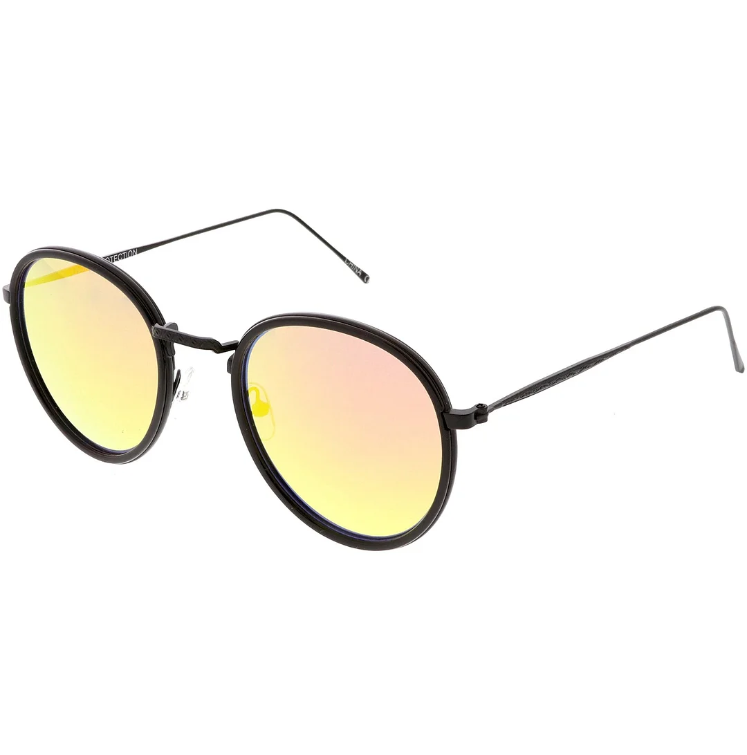 Modern Round glasses Engraved Slim Metal Arms  Color Mirrored Flat Lens 51mm