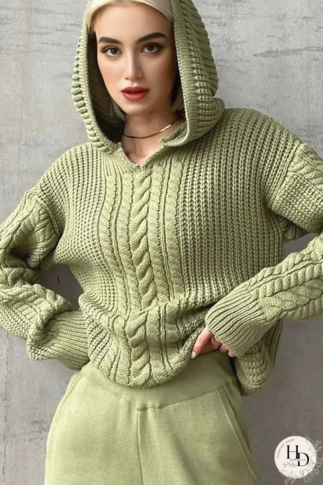 Solid Cable Knit Hoodie Sweater