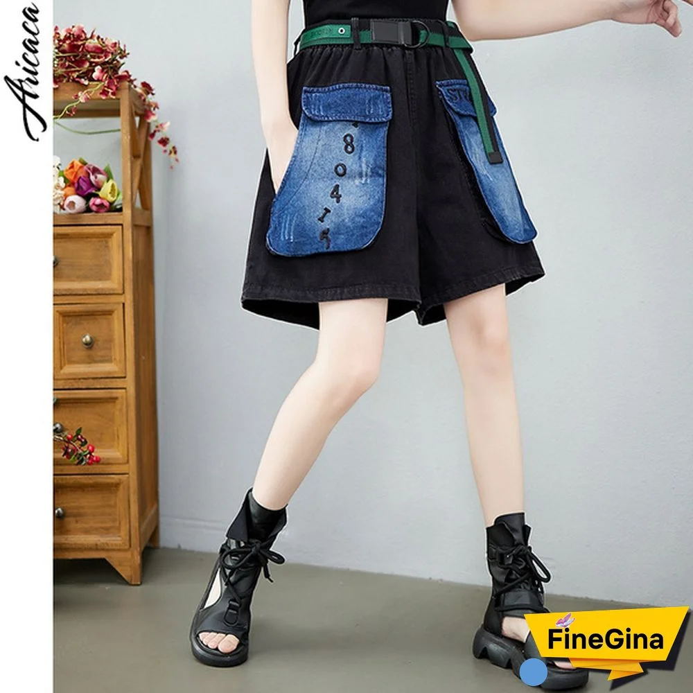 Aricaca Summer Women Denim Shorts Female Vintage Patch Shorts Woman Elastic Waist Loose Jeans Shorts
