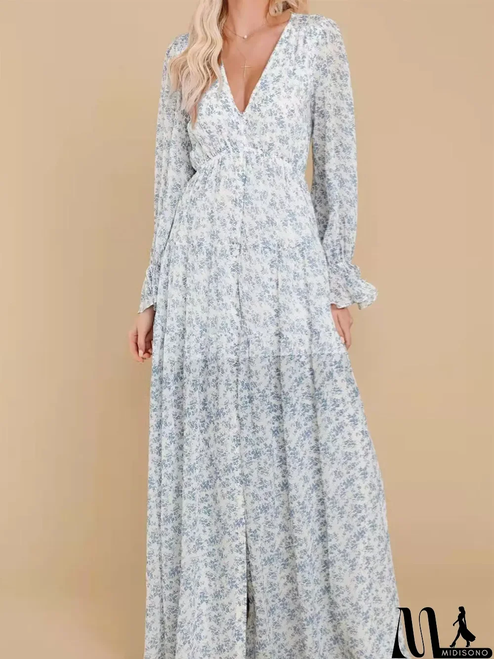 MidiSono - Women's Floral Printed Long Sleeve V-neck Maxi Dress