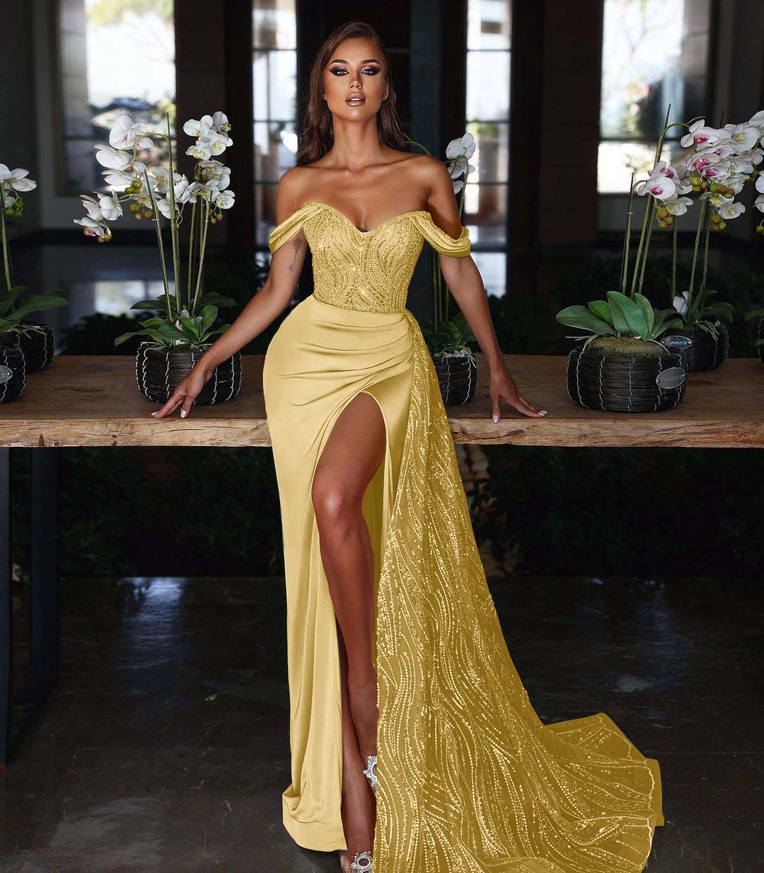 Hidais Light Blue Off the Shoulder Mermaid Evening Dress Long Split With Sequins 