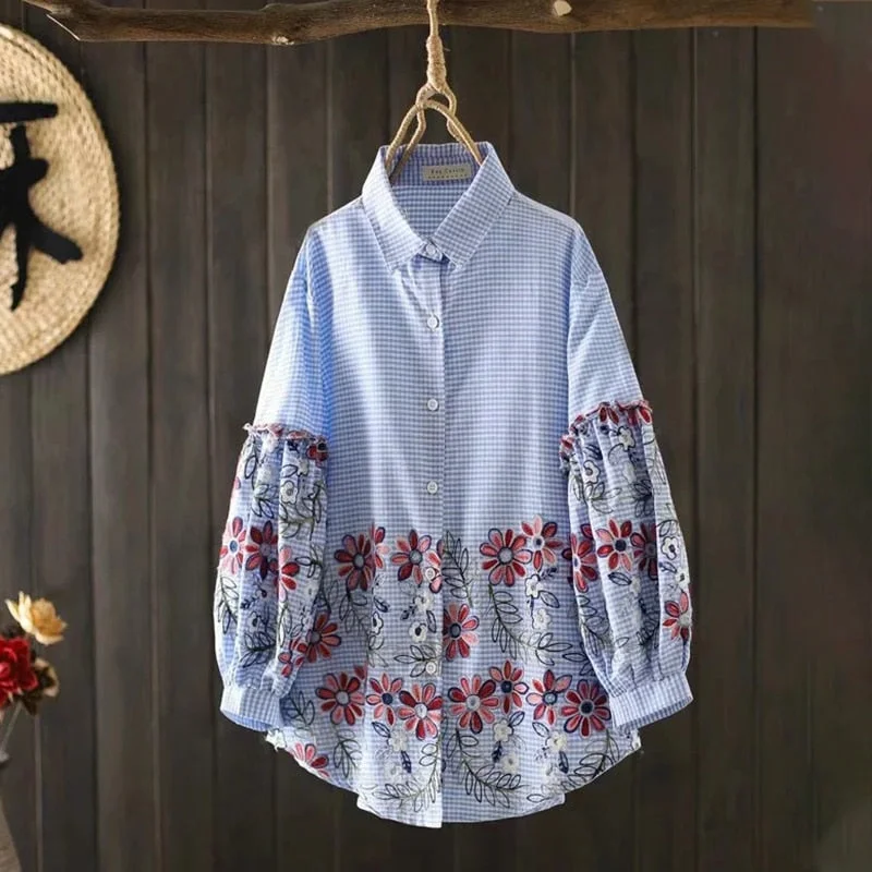 Autumn Women Floral Embroiderey Cotton White Shirt Puff Lantern Sleeve Elegant Loose Blouse Spring Office Lady Basic Tops T16401