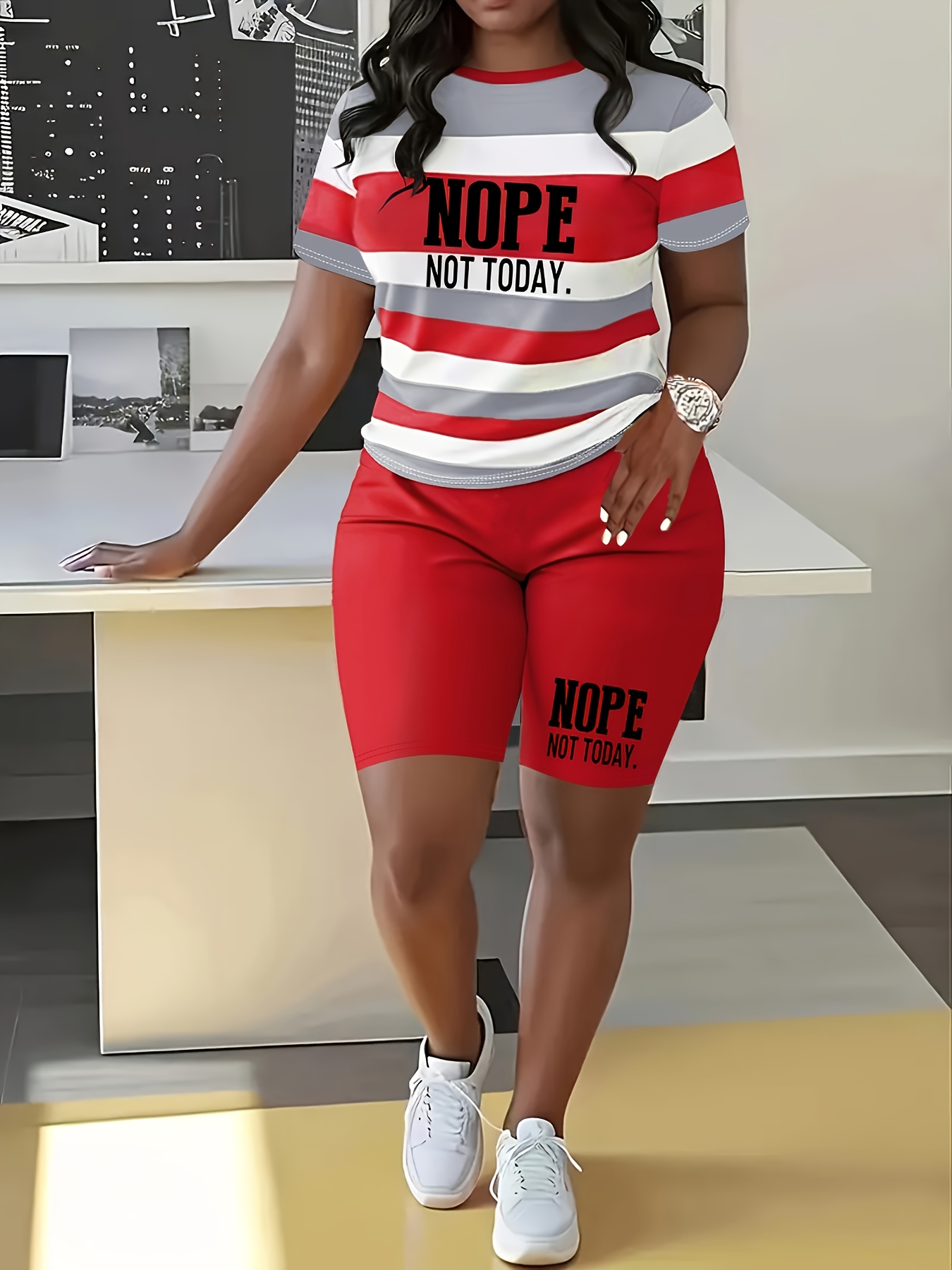 Striped Splicing Nope Letter Print Spring-Summer Casual Round Neck Short Two-Piece Set | IFYHOME