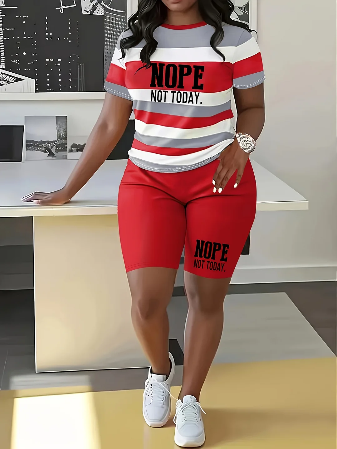 Striped Splicing Nope Letter Print Spring-Summer Casual Round Neck Short Two-Piece Set | IFYHOME