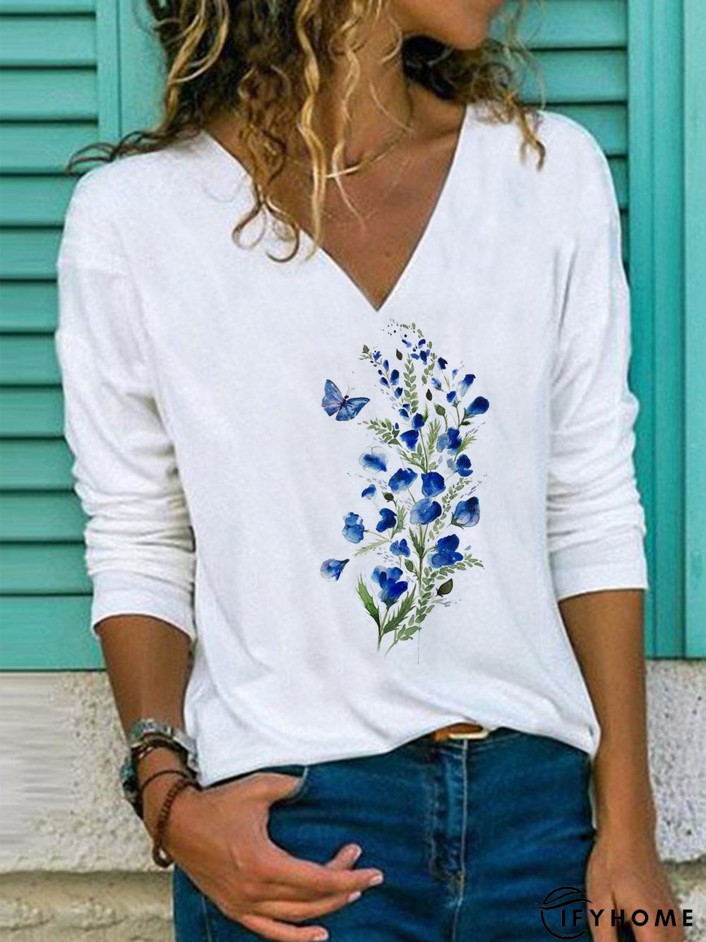 Floral Long sleeve Casual V Neck Tops Women | IFYHOME