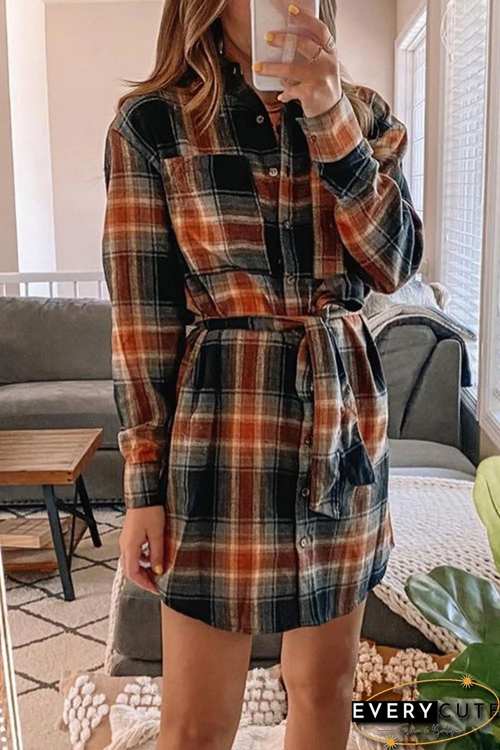 Plaid Chest Pocket Shirt Mini Dress with Belt
