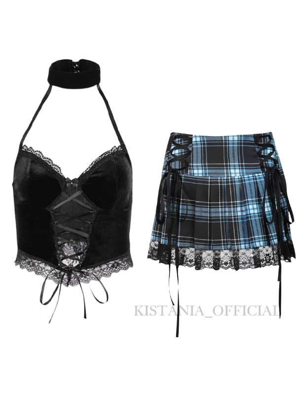 Lace Velvet Crop Halter Top+ Plaid Lace Paneled Pleated Mini Skirt 2 piece set