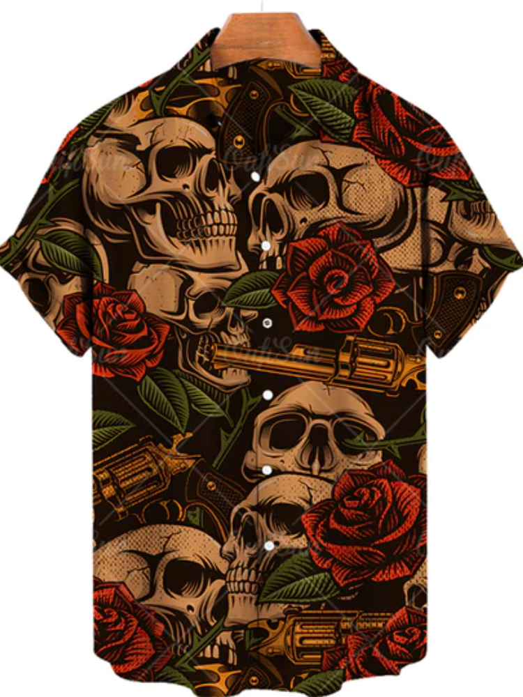 Men'S Casual Hawaiian Rose Skull Shirt