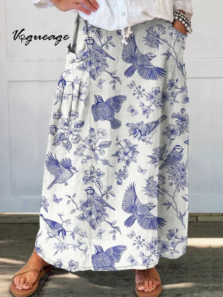 Simple Ink Painting Of Sparrow And Flowers Printed Women's Casual Cotton And Linen Skirt