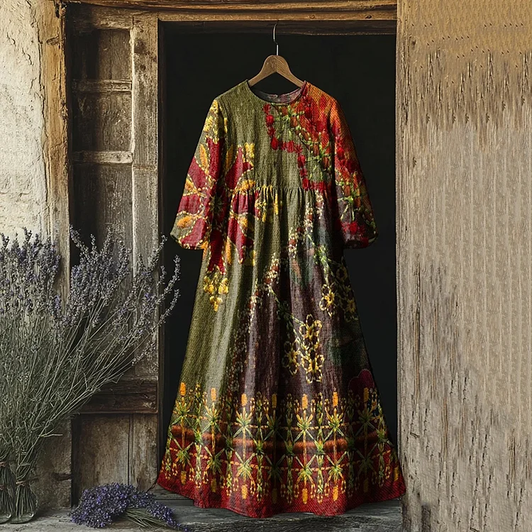 Utbros Vintage Floral Print Crew Neck Midi Dress