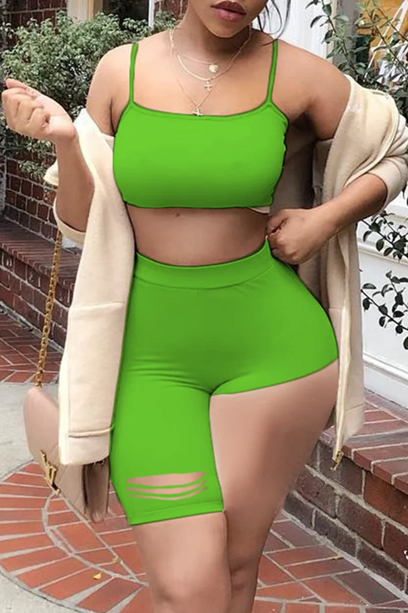 Green Sexy Casual Solid Ripped Asymmetrical Spaghetti Strap Sleeveless Two Pieces | EGEMISS