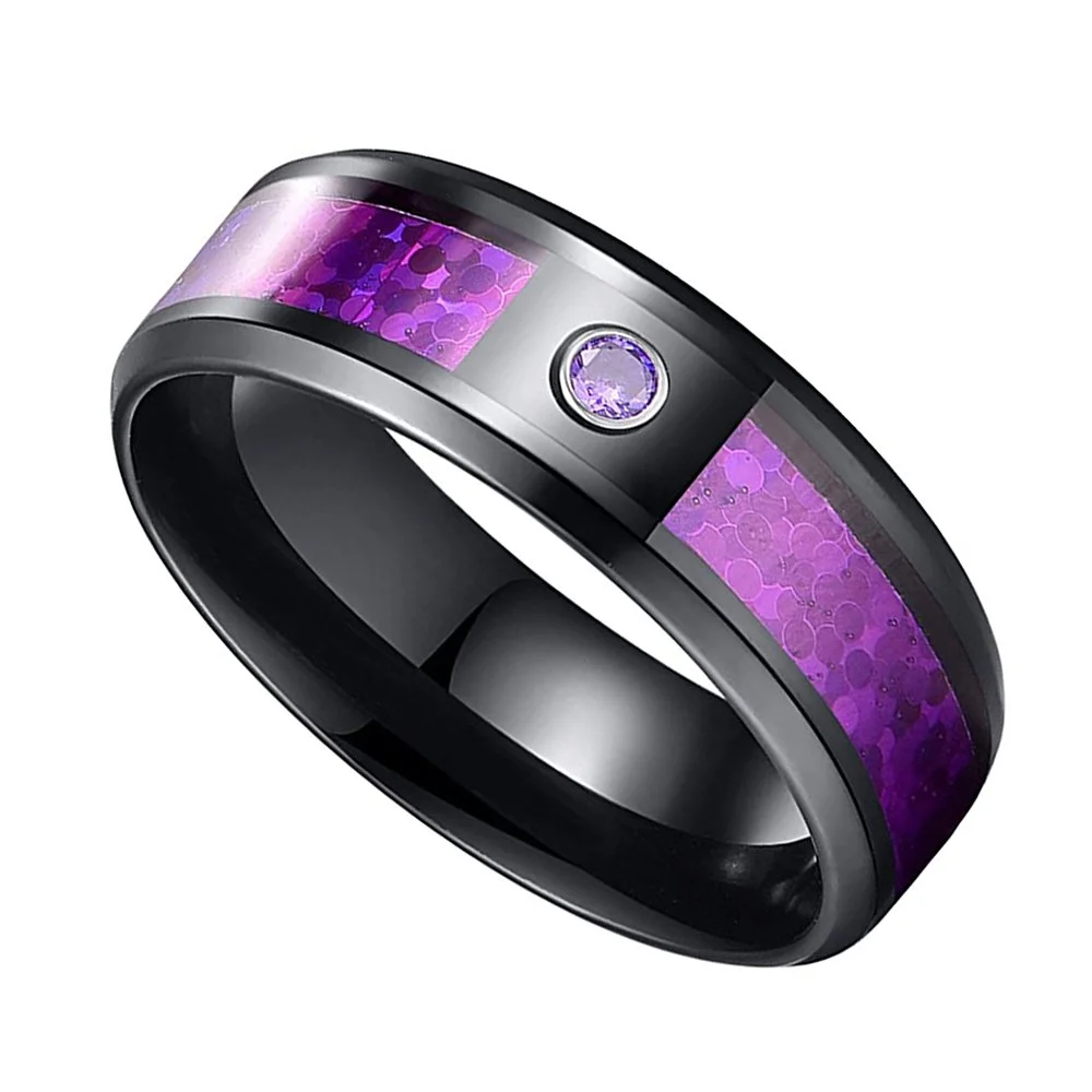 6MM 8MM Blue Purple Red Created Opal and Cubic Zirconia Inlay Black Tungsten Carbide Men's Wedding Bands