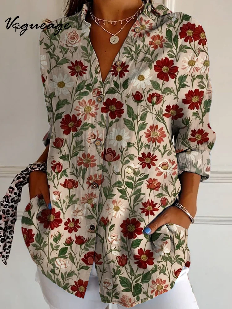 Comfortable And Elegant Red And White Small Floral Plants Long Sleeves Printed Cotton And Linen Shirt