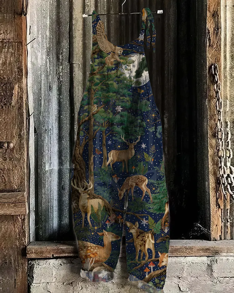 Vintage Woodland Forest Pattern Linen Blend Jumpsuit
