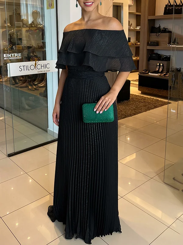 Pleated Solid Color Short Sleeves Off-the-shoulder Maxi Dresses