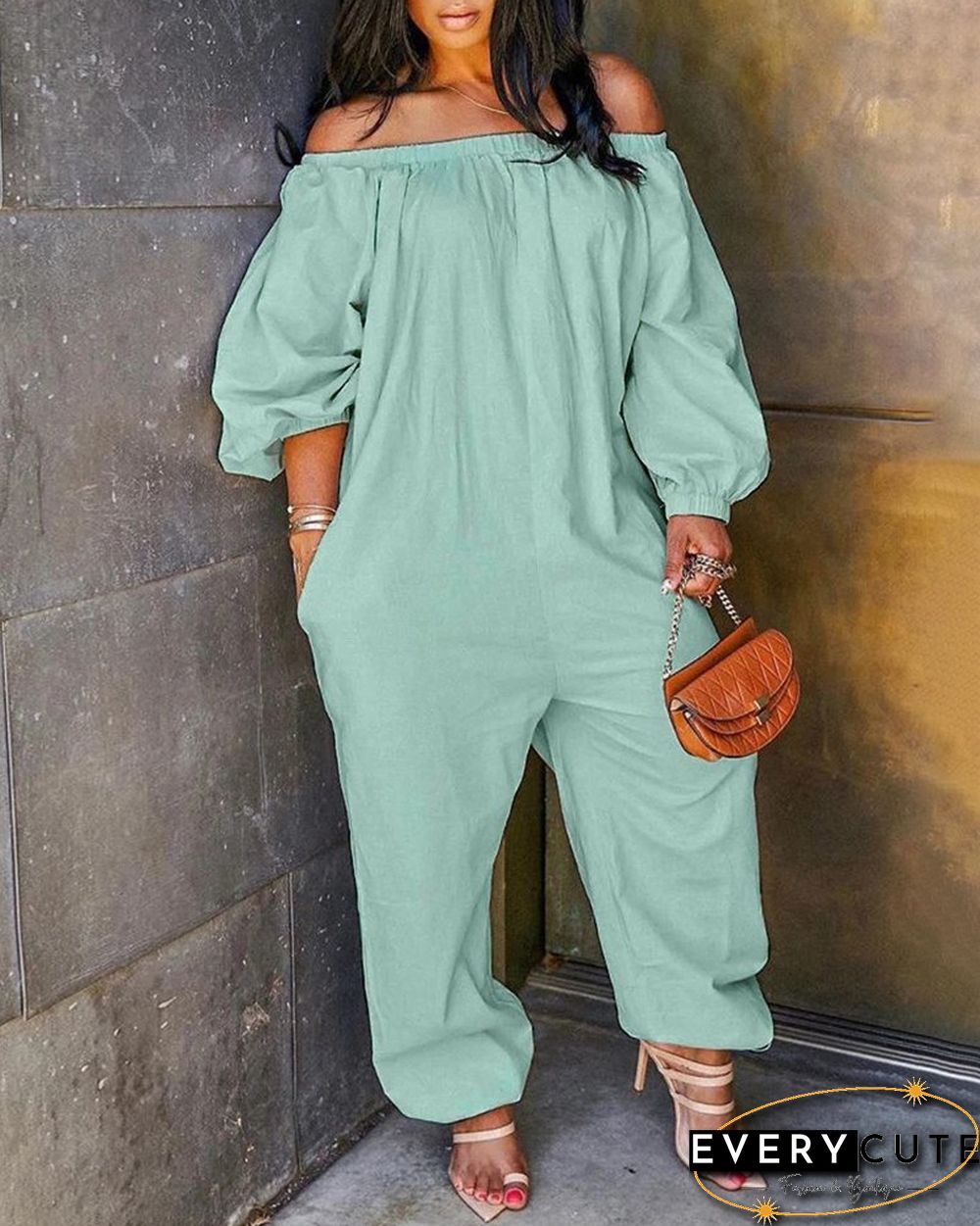 Off Shoulder Solid Lantern Sleeve Jumpsuit