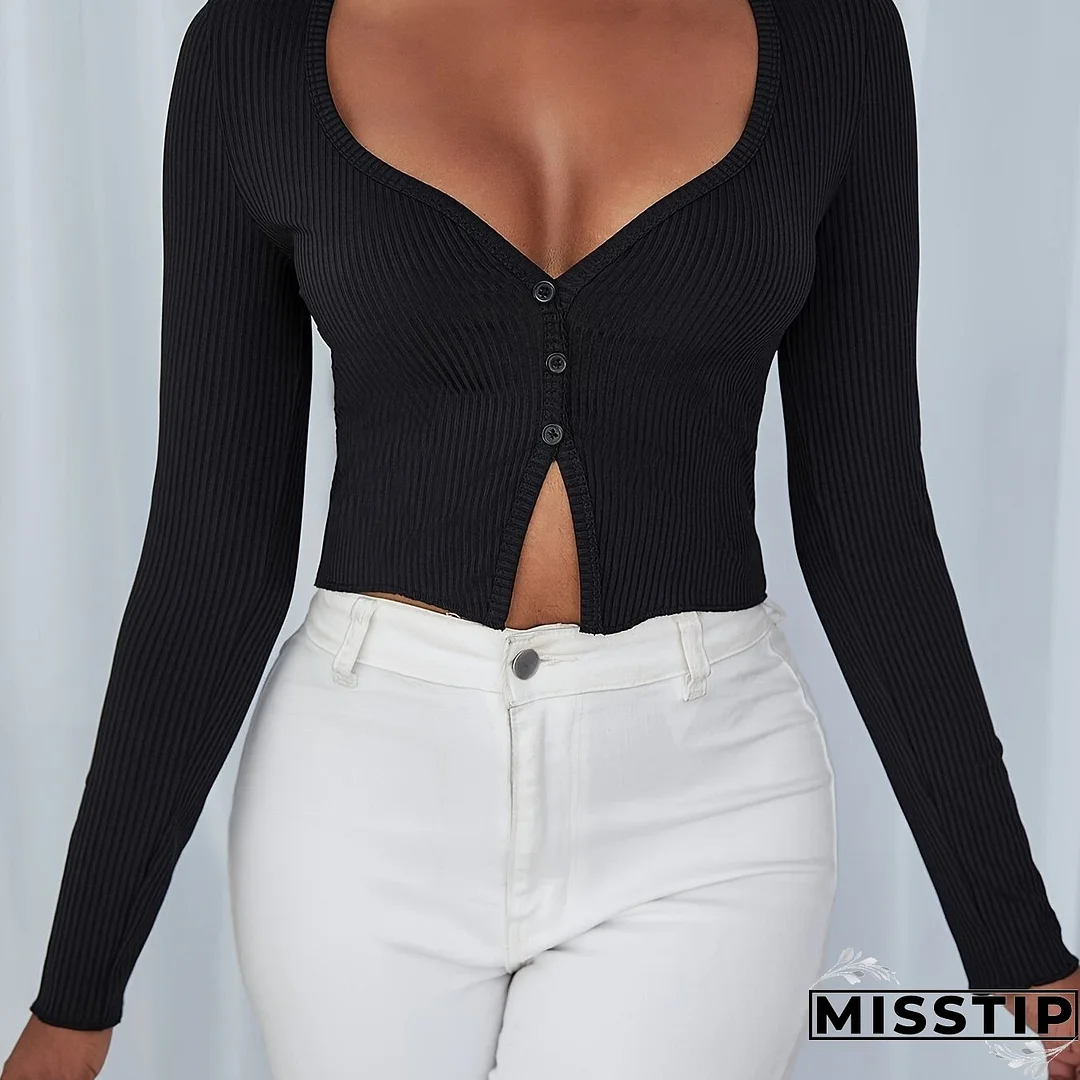 Solid Rib-knit Button Up T-shirt, Casual Long Sleeve Top For Spring & Fall, Women's Clothing