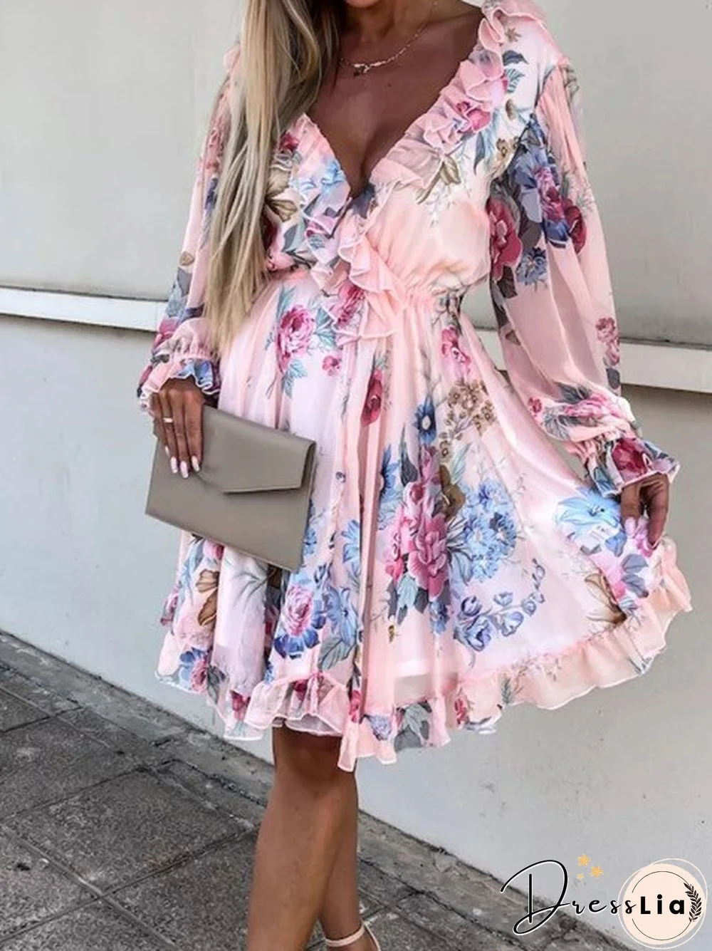 Sexy Backless Double V Neck Ruffle Party Dress Fashion Boho Floral Print Chiffon Beach Dress Elegant Women Tie Pleat Mini Dress