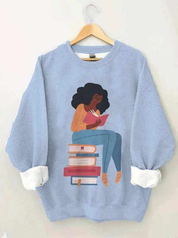 Women's Black Girl Enjoying Reading Print Casual Sweatshirt