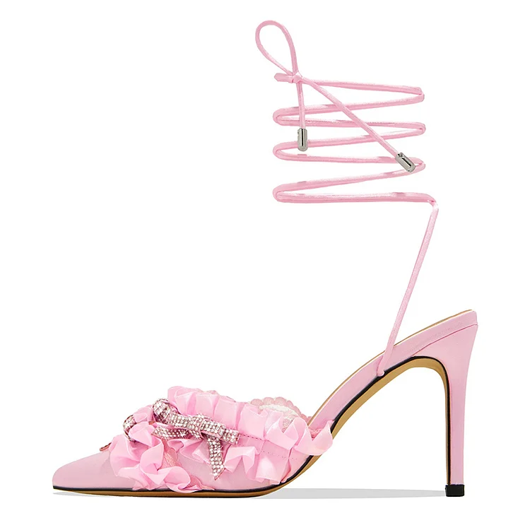 Pink Satin Prom Heels Ankle Tie Ruffle Rhinestone Bow Stiletto Shoes |FSJ Shoes