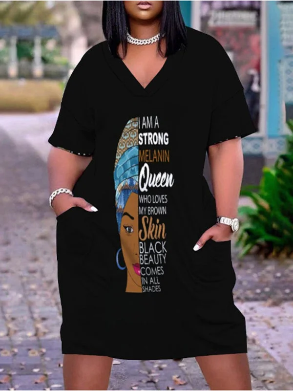 Digital Print V-Neck Casual Pocket Dress