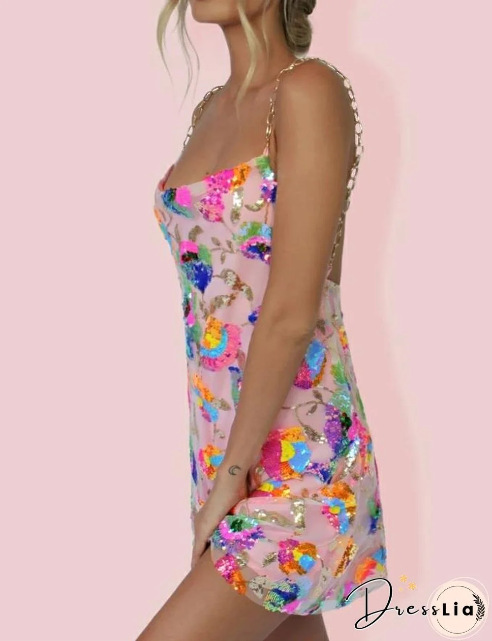 High Quality Ladies Inlaid Sequins Halter Backless Dress Sleeveless Chain Sling Dress Pink White Black Orange