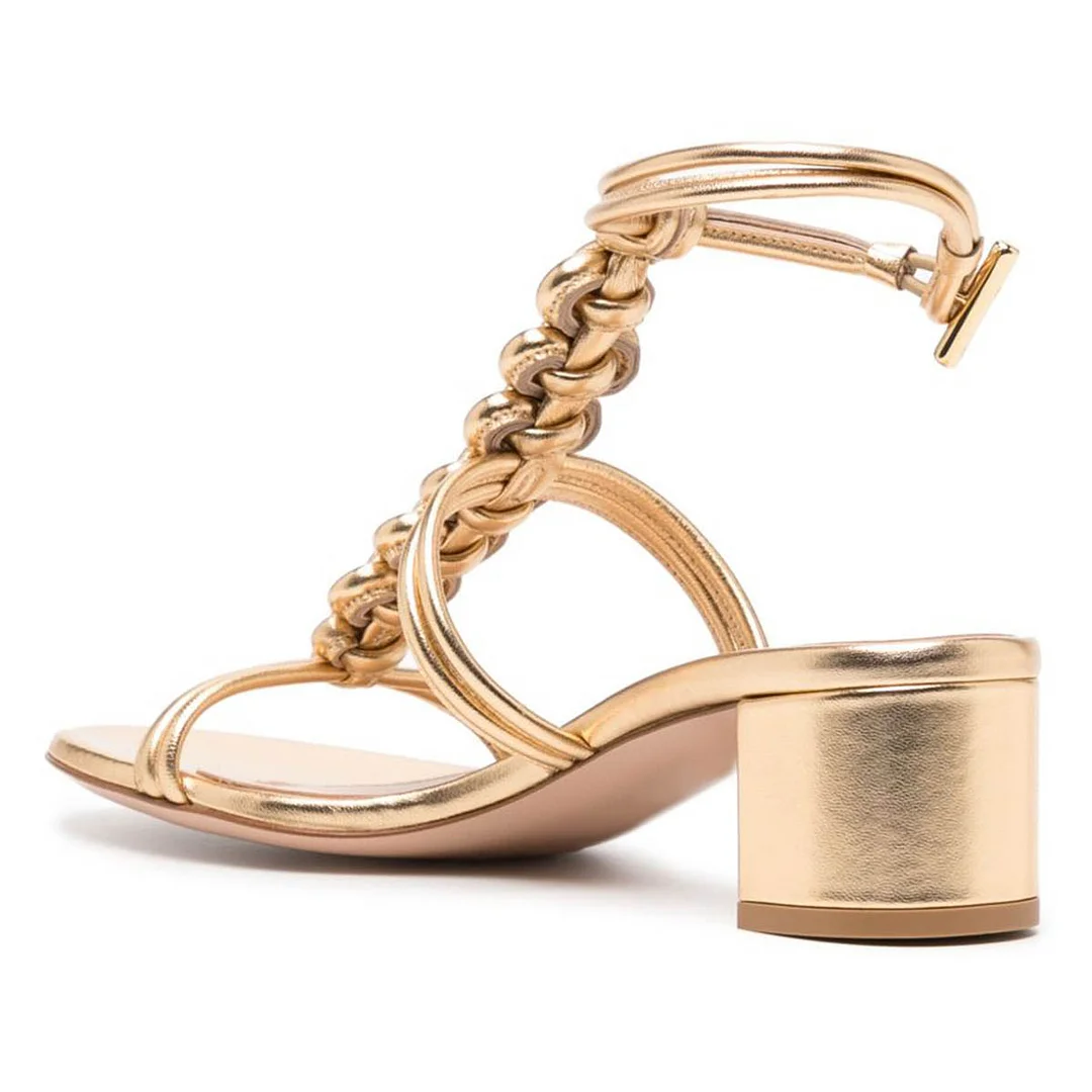Gold Metallic Finish Open Toe Braided T-Strap Block Heel Sandals