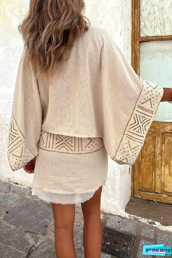 Cierra Linen Blend Ethnic Print Dolman Sleeves Loose Top