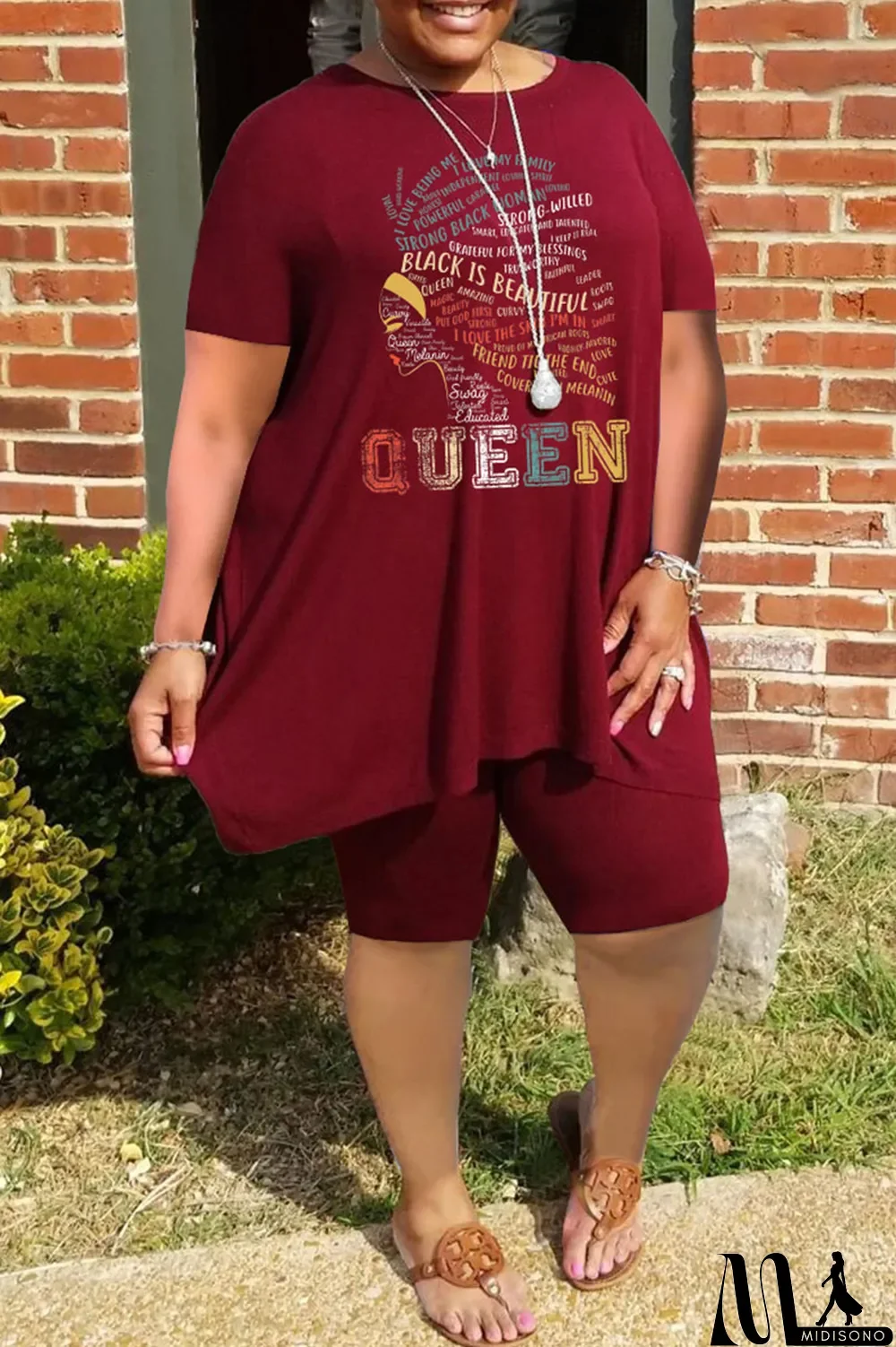 MidiSono - Burgundy Casual Print Split Joint O Neck Plus Size Two Pieces