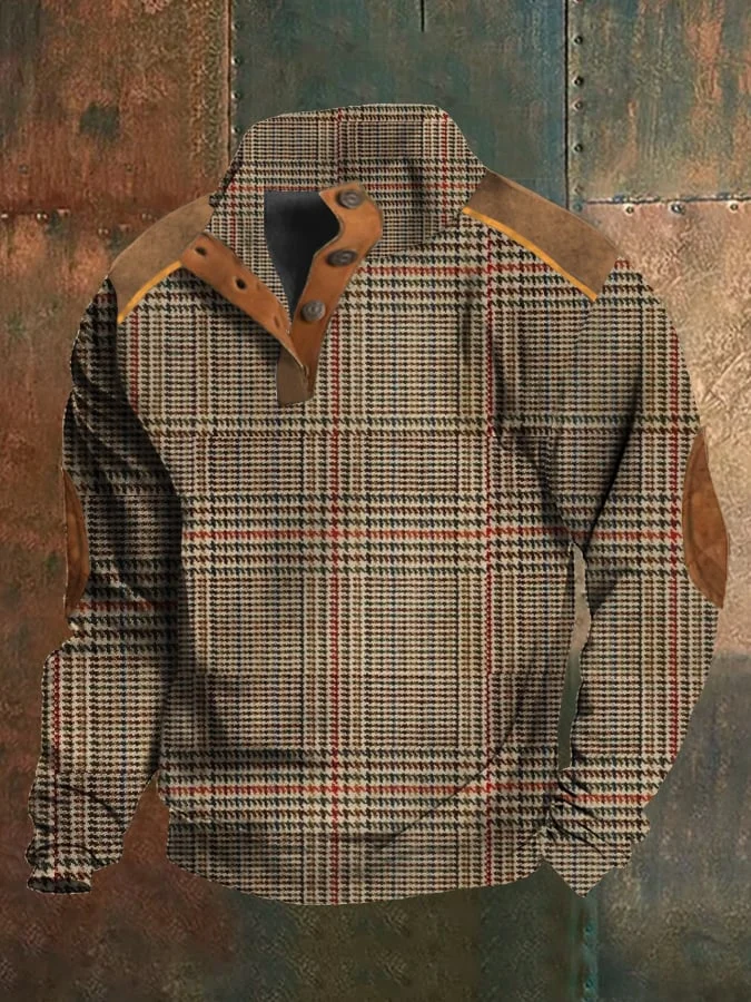 Men's Western Vintage Plaid Print Stand Collar Button-Down Sweatshirt
